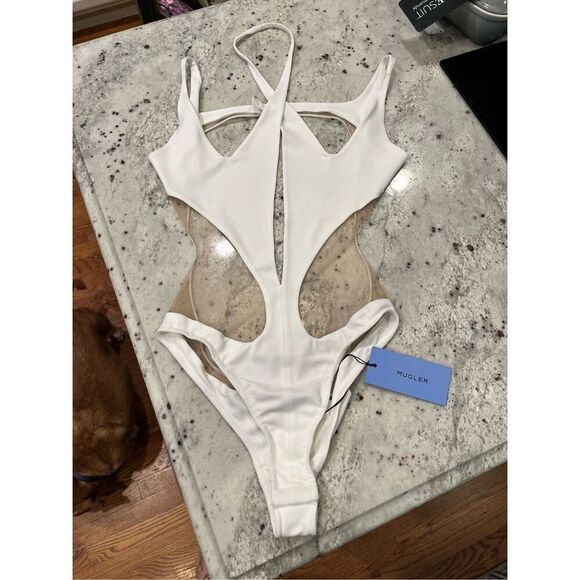 Mugler Sheer Cut Out Bodysuit White & Nude Sz 42Fr L-XL US NWT WAS $950 - Picture 4 of 8